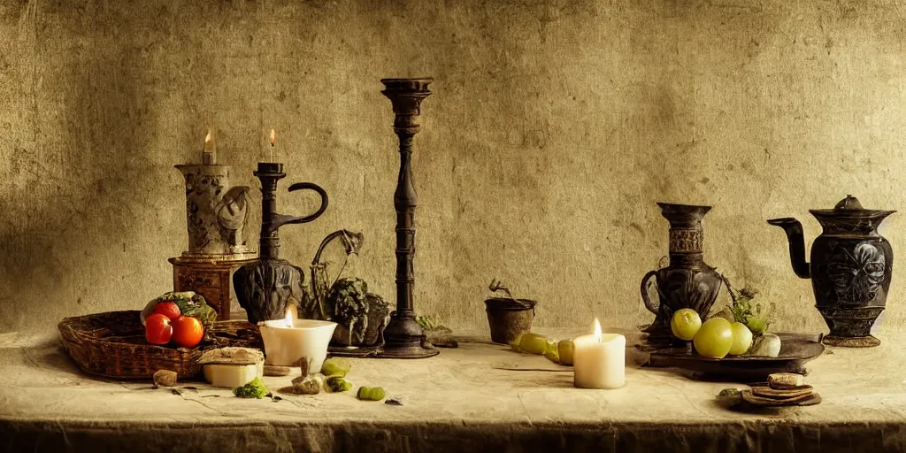 Image similar to Still art, the antique old table with antique ceramic jug with palms inside, candle near jug and vegetables on table, cinematic light, digital art