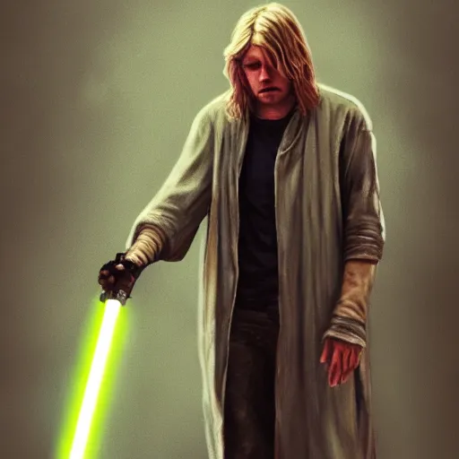 Prompt: !dream a dreamy film still of Kurt Cobain Holding a Lightsaber, Moebius, Greg Rutkowski, Zabrocki, Karlkka, Jayison Devadas, Phuoc Quan, trending on Artstation, 8K, ultra wide angle, zenith view, cyberpunk pincushion lens effect