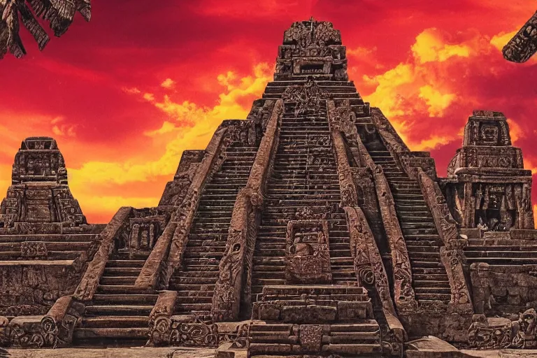 Prompt: ornate detailed aztec temple with blood and skulls, jungle setting, red sunset sky