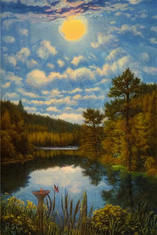 Prompt: fork lake, painted by darrell k. sweet and edd cartier, trending on artstation, moon light fish eye illustrator, bokeh, magic realism, dutch golden age, expressionism