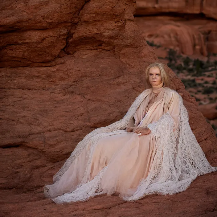 Image similar to a color photograph, closeup portrait of a woman wrapped in lace, sitting in a plastic throne, in arches mountains national park in utah, color photograph, by vincent desiderio, canon eos c 3 0 0, ƒ 1. 8, 3 5 mm, 8 k, medium - format print