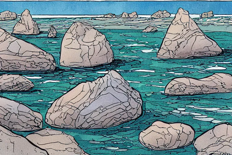 Prompt: seaside rocks in the style of Moebius