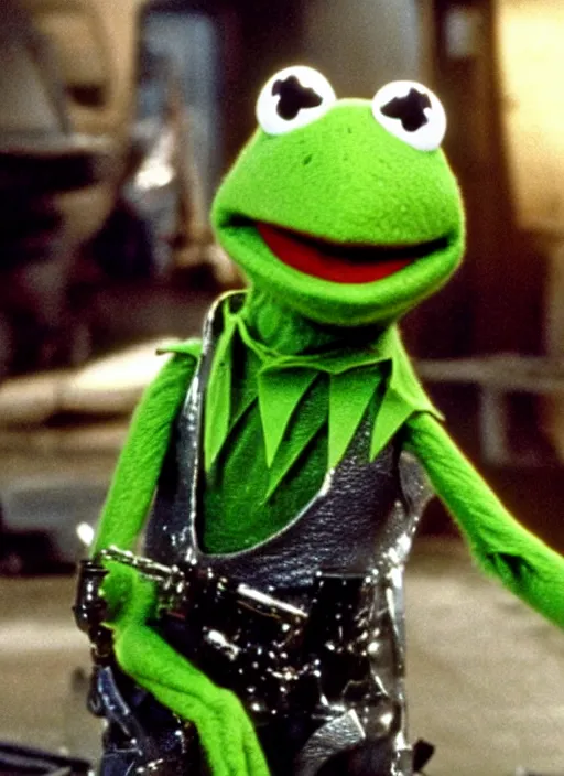 Image similar to film still of (Kermit the Frog) as The Terminator in Terminator, 4k