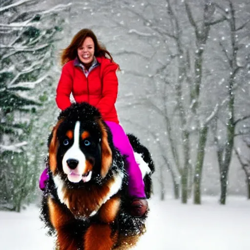 Image similar to girl riding giant Bernese Mountain Dog in the snow, trending on artstation