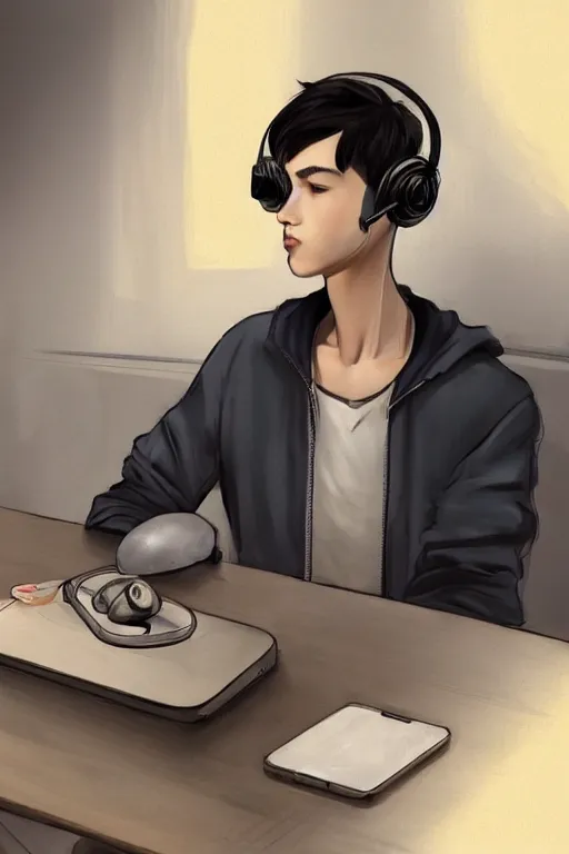 Image similar to a boy with headphones in a cafe, digital art, digital painting, masterpiece, concept art, trending on deviantart, highly detailed, high quality, anatomically correct, five fingers, cinematic, high coherence, soft lighting, soft colors, beautiful, elegant, short black hair, 4 k, symmetrical, realistic and detailed face, cartoon