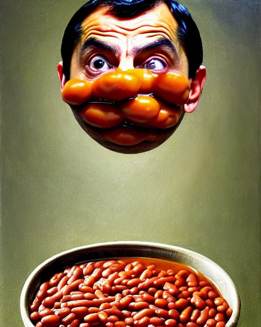 Image similar to portrait of mr bean's face in a bowl full of baked beans, face covered in beans and tomato sauce, baked beans covering his eyes, a pile of baked beans on his head, his mouth wide open and full of baked beans, overflowing with baked beans, muted colors, surrealist oil painting, highly detailed