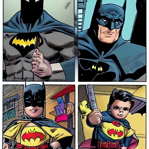 Image similar to Batman is just three kids in a trenchcoat