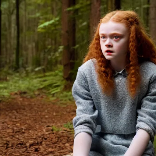 Image similar to Sadie Sink (Maxine Mayfield) from Stranger Things kneeling in a forest looking straight ahead, cinematic, soft realistic lighting, establishment scene, extremely high details, photorealistic, 8k