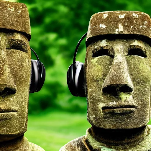 Image similar to a high detail photo of a moai wearing headphones, subject: moai, subject detail: wearing headphones