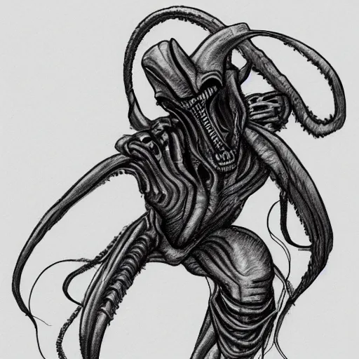 Prompt: a pencil sketch of a cowboy riding a xenomorph on a white background