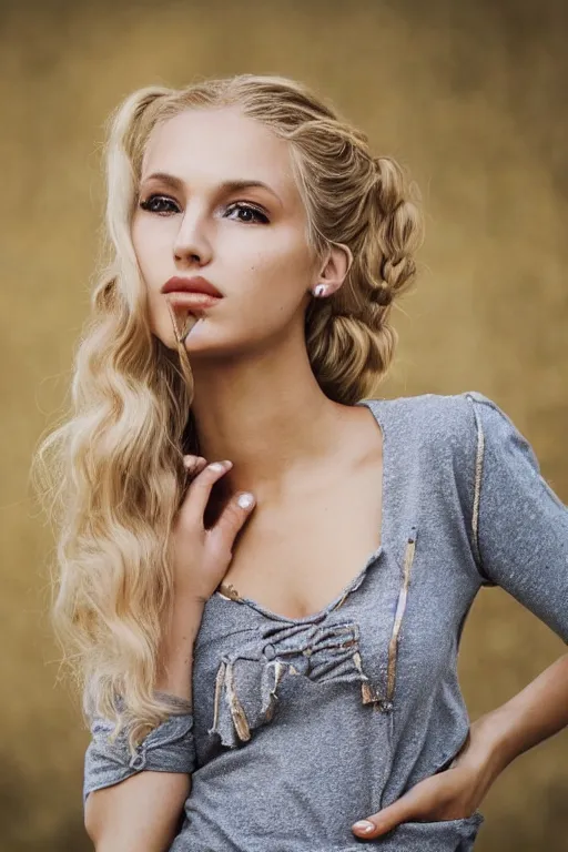 Prompt: vintage photograph of an olive blonde female model with dirty blonde hair in her twenties, her hair pinned up, wearing a designer top, looking content, focused on her neck, photo realistic, extreme detail skin, natural beauty, no filter, slr, golden hour, 4 k, high definition, selfie