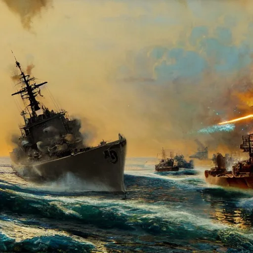 Prompt: detailed cinematic wide shot of swedish world war 2 battle ship attacking coastal city, ultra realistic, spring light, painting by gaston bussiere, craig mullins, j. c. leyendecker