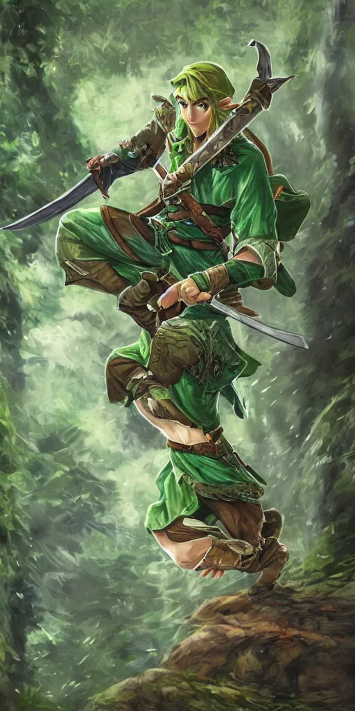 Prompt: link dressed in traditional green tunic and cap holding the master sword and hylian shield in dynamic fighting pose, mystical forest background, dark skies, intricately detailed, finely textured, cgsociety