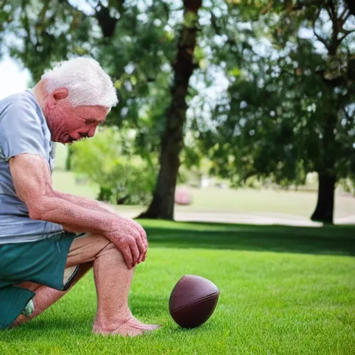 Prompt: an elderly man in pain with a 🏈 in the groin on the front lawn. long shot side view