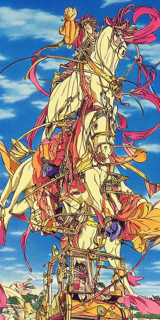 Prompt: a magical chariot drawn by horse in japan, 1990s anime, full color, tarot card the chariot,