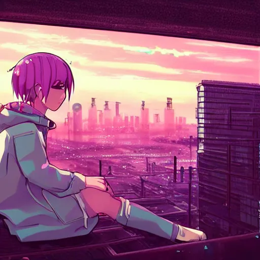 Image similar to android mechanical cyborg anime girl child overlooking overcrowded urban dystopia sitting. Pastel pink clouds baby blue sky. Gigantic future city. Raining. Makoto Shinkai. Wide angle. Distant shot. Purple sunset. Sunset ocean reflection. Pink hair. Pink and white hoodie. Cyberpunk.