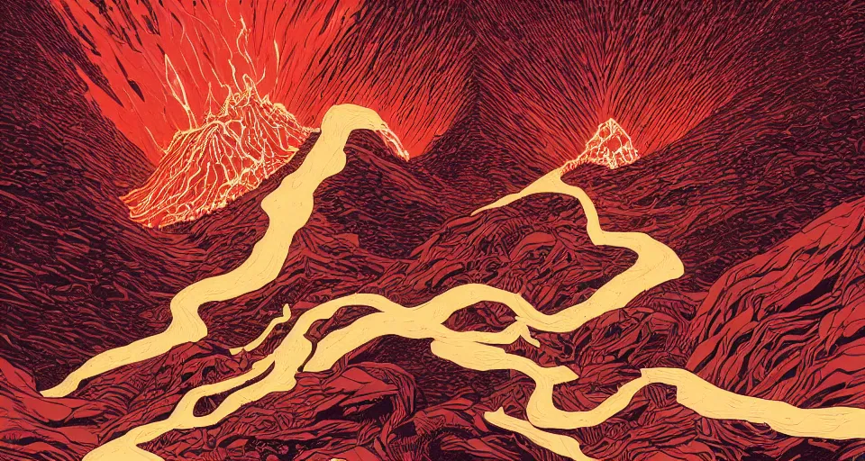 Image similar to a volcano made of ivory vines and crimson rocks enters in eruption, it spits a smoke in the shape of demonic eye, by dan Mumford