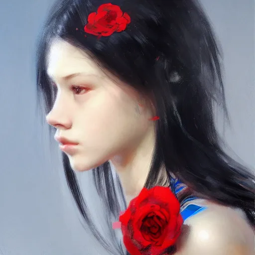 Prompt: a cute girl by ruan jia, 8 k, closeup headshot, smooth, trending on artstation, black long hair, a red flower in her hair