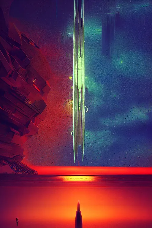 Image similar to emissary space by arthur haas and bruce pennington and john schoenherr, cinematic matte painting in the style of glitch art, minimal modern pixel sorting, zaha hadid building, photo realism, neon lights, dark moody color palate,