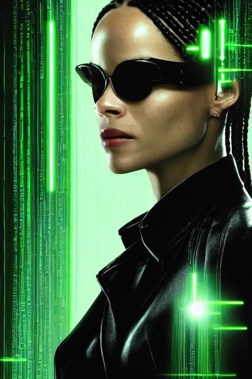 Prompt: a movie poster portrait taken from the matrix movie featuring ( zoe kravitz ) with beautiful long black braids, wearing futuristic sun glasses and black leather trench coat, green matrix computer code and light beams flash in the background, extremely detailed, extremely symmetrical facial features, no text, by kevin fiege 8 k