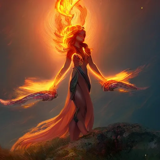 Image similar to beautiful goddess of fire stands in her power, 8k resolution matte fantasy painting, cinematic lighting, DeviantArt Artstation, by Ross Tran