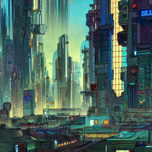 Image similar to a cyberpunk city, digital painting by moebius