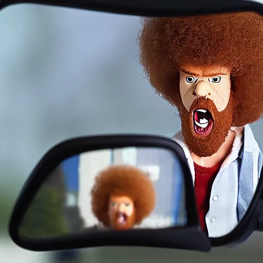 Image similar to a screaming angry bob ross doll in rear view mirror