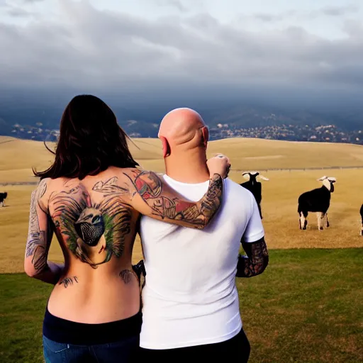 Image similar to portrait of a young chunky bald white male tattoos and his young white female brown hair wife with tattoos. male is wearing a white t - shirt, tan shorts, white long socks. female is has long brown hair and a lot of tattoos. photo taken from behind them overlooking the field with a goat pen. rolling hills in the background of california and a partly cloudy sky