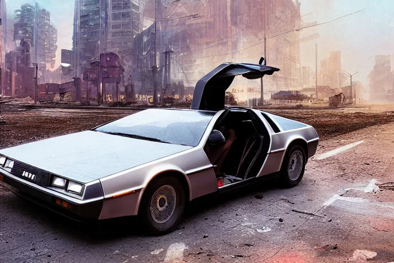 Image similar to photograph of the delorean, with a sleek spoiler, driving down the streets of a cyberpunk abandoned city, by greg rutkowski, by stanley artgerm, by alphonse mucha