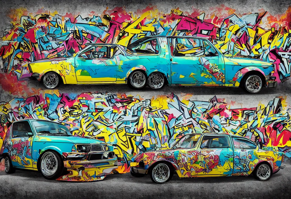 Prompt: yugo car against concrete wall as pop art, matte painting, hyperdetailed, street style, graffiti, illustration, coherent, art nouveau, beautiful render, concept art