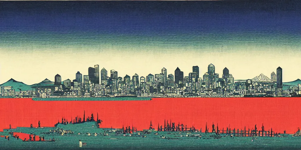 Prompt: Seattle city skyline, woodblock print by Hiroshige