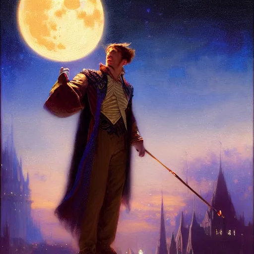 Image similar to attractive male wizard magically floating in the night, fantasy, full moon in background. highly detailed painting by gaston bussiere, craig mullins, j. c. leyendecker, mid shot, 8 k