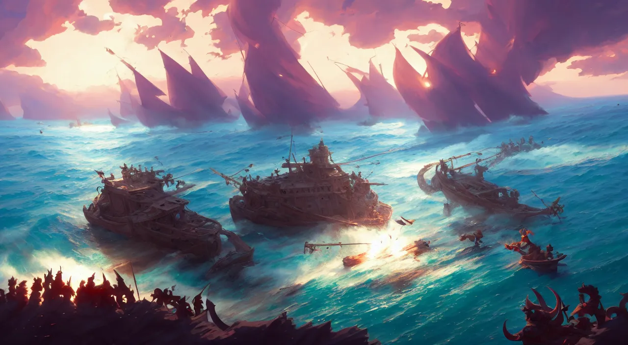 Image similar to concept art of a medieval battles in the sea, volumetric lighting, digital pixel art, pixiv, official fanart behance hd by Jesper Ejsing, by RHADS, Makoto Shinkai and Lois van baarle, ilya kuvshinov, rossdraws global illumination