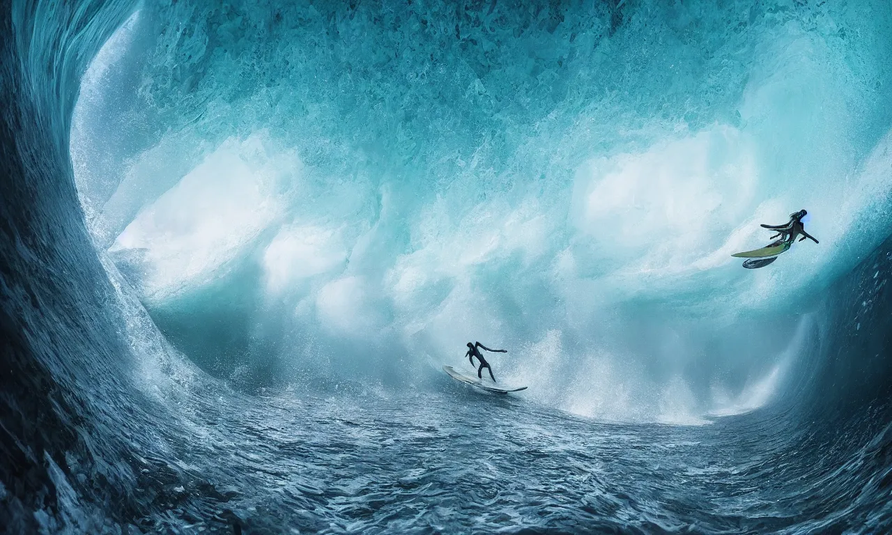 Prompt: a skeleton surfing a big wave inside the tunnel, by Jessica Rossier, above and below underwater, slow motion, refractions, summer