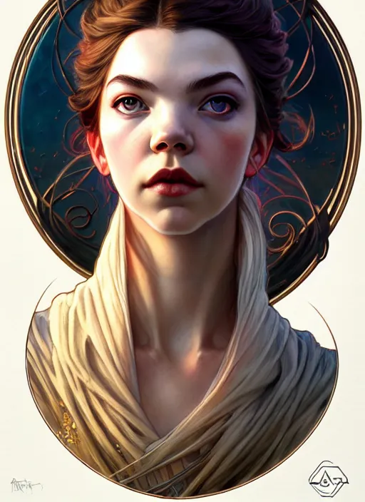 Prompt: profile centered portrait, anya taylor - joy mage, by artgerm, cushart krenz, greg rutkowski, mucha. art nouveau. gloomhaven, swirly vibrant ripples, gaudy colors, sharp edges. ultra clear detailed. 8 k. elegant, intricate, octane render