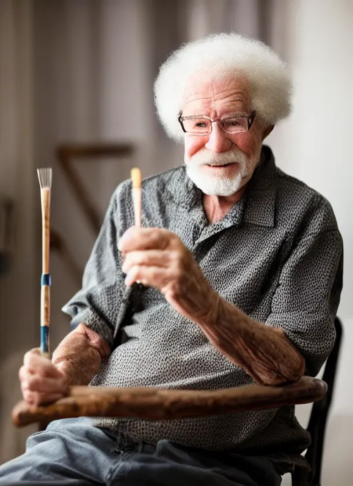 Prompt: dslr photo portrait still of 7 9 year old age 7 9 bob ross at age 7 9!!! bob ross still painting in his old age, 8 5 mm f 1. 8
