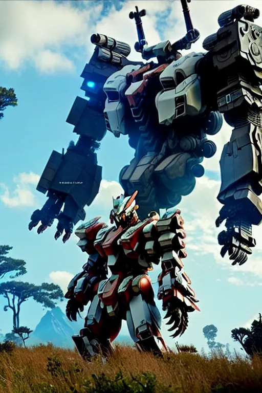 Image similar to a cinematic still from horizon zero dawn and pacific rim and westworld, full body mech, gundam, intact humanoid servo, octane render, nvidia raytracing demo, masterpiece, aged armor plating, decipticon armor plating, aggressive head, endoekeleton exposure