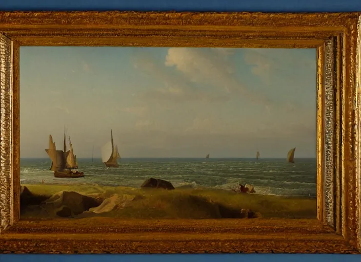 Image similar to texel with the waddenzee in the background, the netherlands in the style of hudson river school of art, oil on canvas