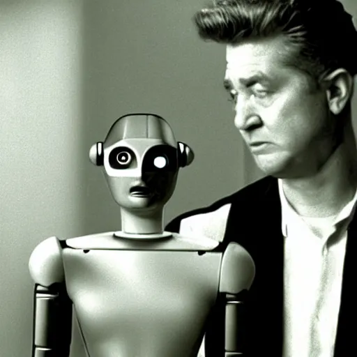 Image similar to movie still of a man and a robot in a moment of jealousy, movie by david lynch