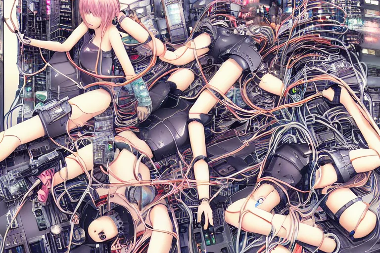 Image similar to cyberpunk anime illustration of a group of female android dolls lying on an empty white background in various poses with their bodies open showing a mess of wires and cables coming out, by katsuhiro otomo and masamune shirow, hyper-detailed, colorful, beautiful, manga, bird view