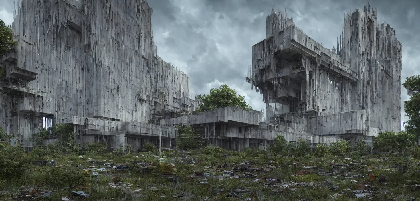 Image similar to an extremely detailed cathedral of brutalist architecture, surrounded by lush green vegetation, stunning volumetric lighting, sunset, rusted metal, concrete, translucent material, stunning skies, scattered rubbish and debris, 8k, photorealistic, hyper detailed, unreal engine 5, IMAX quality, cinematic, epic lighting, digital painting in the style of DOOM and Quake, by Greg Rutkowski, trending on Artstation