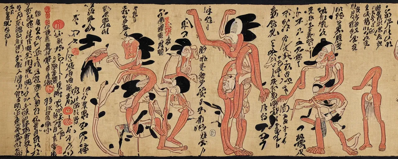 Prompt: an ancient papyrus depicting a japanese yokai's anatomy and information, ukiyo - e style