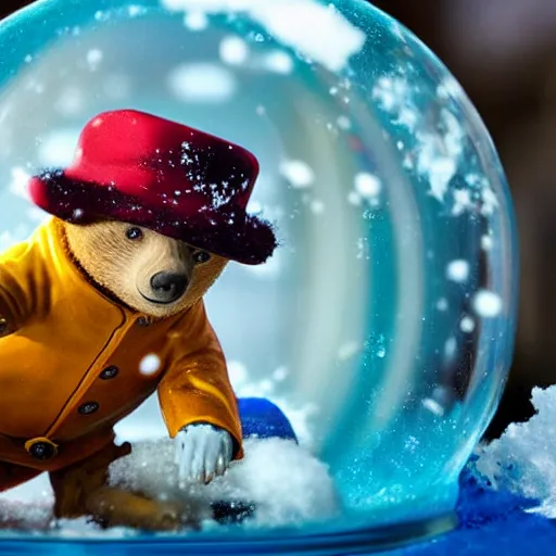 Image similar to paddington bear trying to escape from the inside of a snow globe