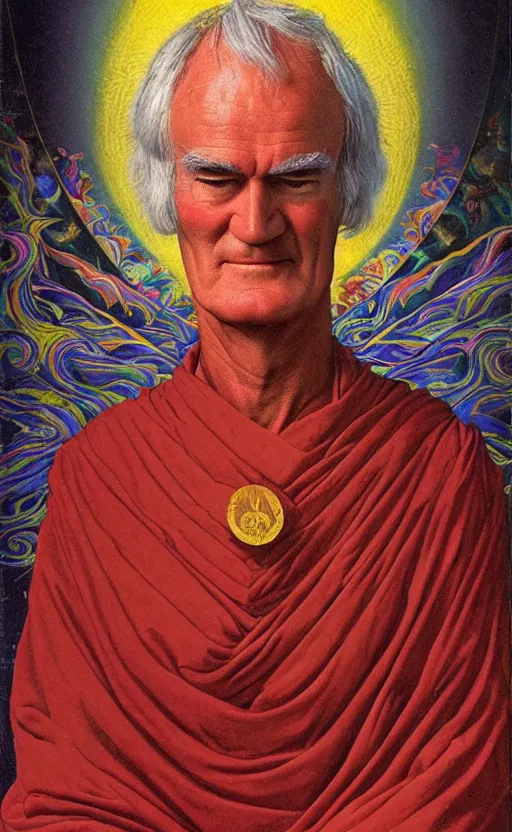 Prompt: an awesome and hilarious jean giraud portrait of timothy leary in the style of a renaissance masters portrait, mystical and new age symbolism and tibetan book of the dead imagery