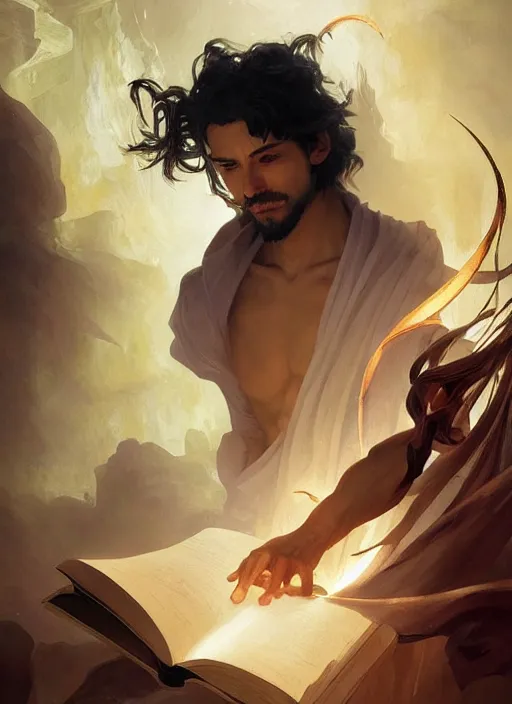 Prompt: character concept portrait of an attractive young Spanish wizard with tan skin conjuring a wind spell, a floating iridescent spell book in the center, intricate, elegant, digital painting, concept art, smooth, sharp focus, illustration, from Metal Gear, by Ruan Jia and Mandy Jurgens and William-Adolphe Bouguereau, Artgerm