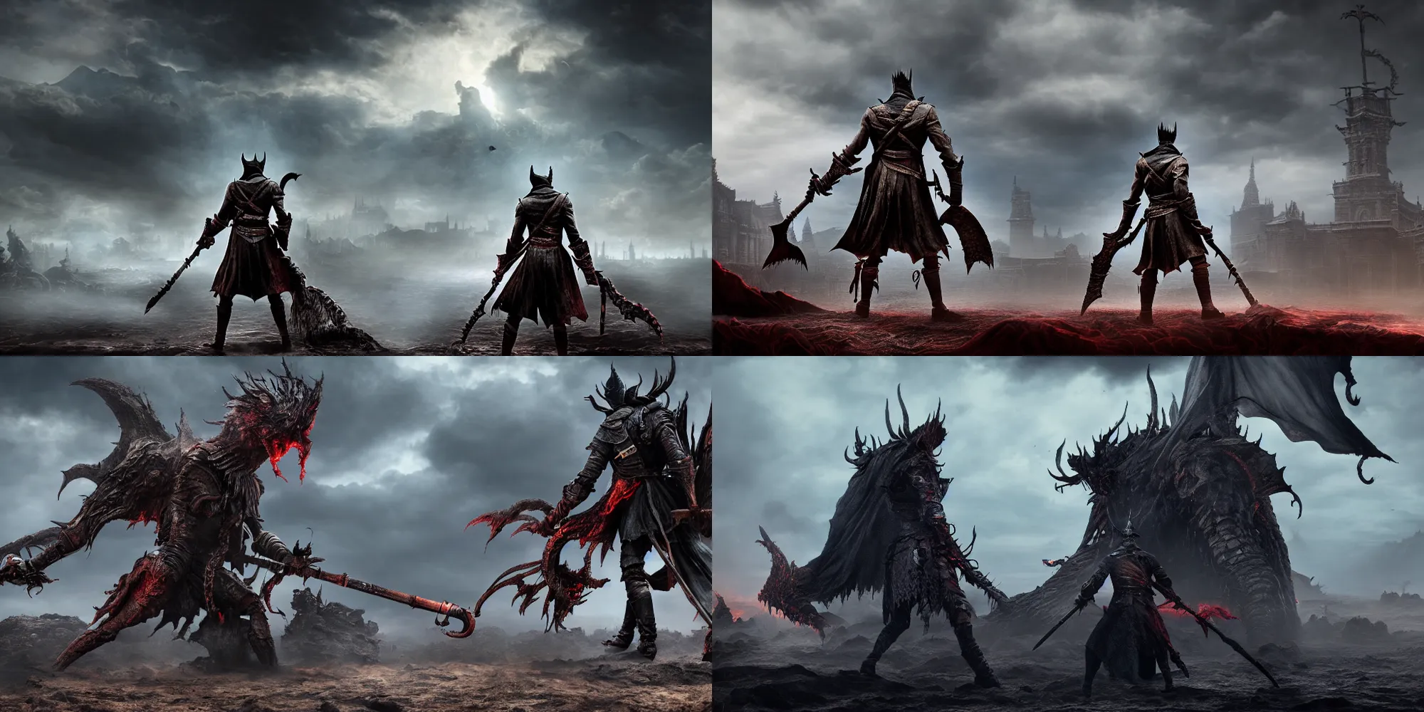 Prompt: a cinematic shot of the bloodborne warrior standing on a rocky cliff holding a spear, in the background a big sleeping robotic dragon laying covered a little bit in sand, dramatic skies with dark navy clouds