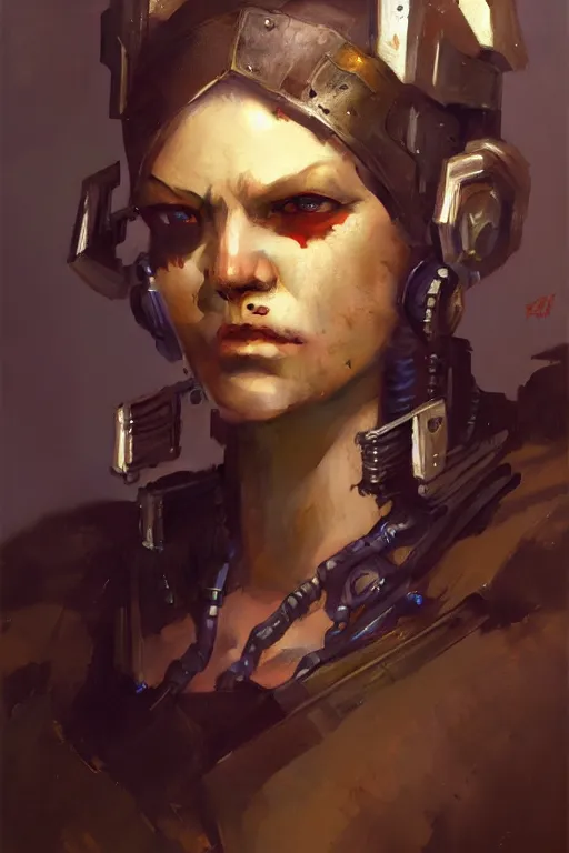 Image similar to full character portrait max mad cyberpunk, half - robot solider girl character design, final fantasy face, painting by gaston bussiere, katsuya terada, nc wyeth, greg rutkowski, craig mullins, vermeer, trending on artstation, jeffery catherine jones