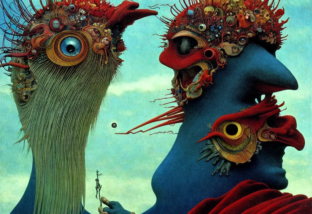 Prompt: realistic detailed portrait movie shot of a birdman wearing black robes, sci fi landscape background by denis villeneuve, amano, yves tanguy, alphonse mucha, ernst haeckel, max ernst, roger dean, masterpiece, rich moody colours, snarling dog teeth, blue eyes