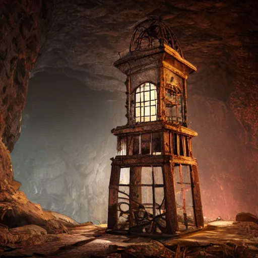 Prompt: an abandoned old rusty clocktower in a dark enormous cave, Low level, digital art, unreal engine, WLOP, trending on artstation, 4K UHD image, octane render dynamic lighting, cinematic, establishing shot, extremely high detail, photo realistic, cinematic lighting, watercolor, intricate line drawings, 8k resolution