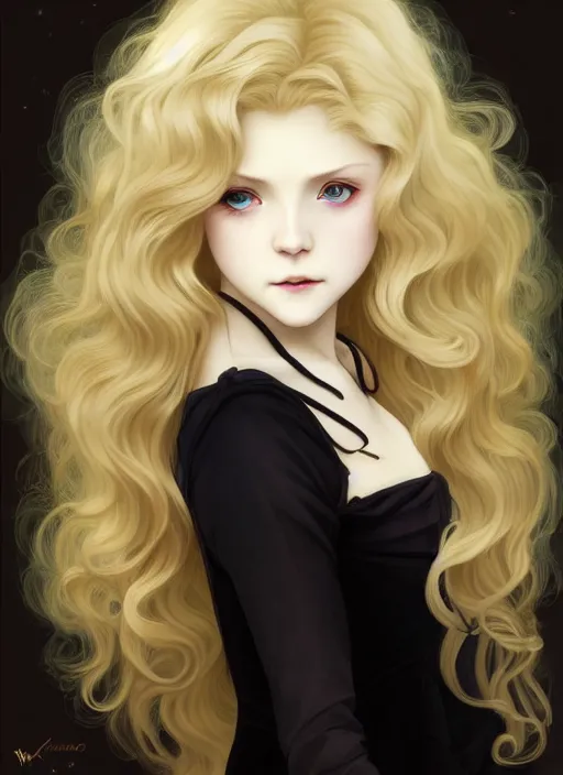 Image similar to young vampire blond girl, goddess of obsidian diamonds and black peonies, with long curly, golden hair, perfectly proportioned face, brown eyes, sweet smile, strong jawline, natural lighting, path traced, god rays, highly detailed, high quality, cartoon, digital painting, by new haicheng studio ghibli and riccardo federici and alphonse mucha